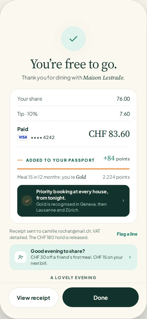 Tavoli screen: you’re free to go, the bill is settled